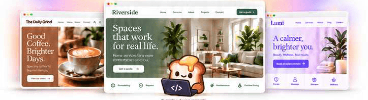 Illustrative website concepts for a café, home services business and wellness studio, with the Code & Toast mascot